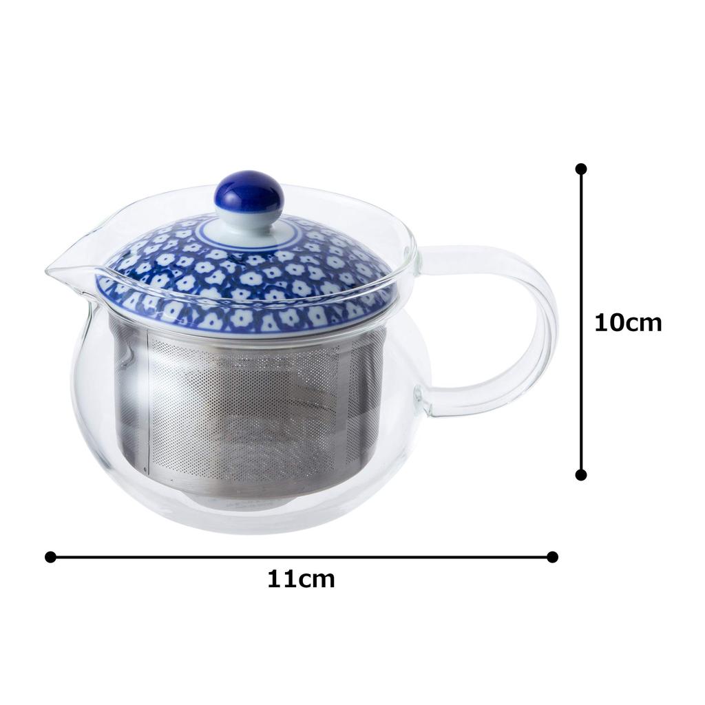 Hasami-yaki Glass Pot with Blue Milk Pattern (Super Stainless Steel with Tea Strainer), 375ml Capacity, Product Number: 73588