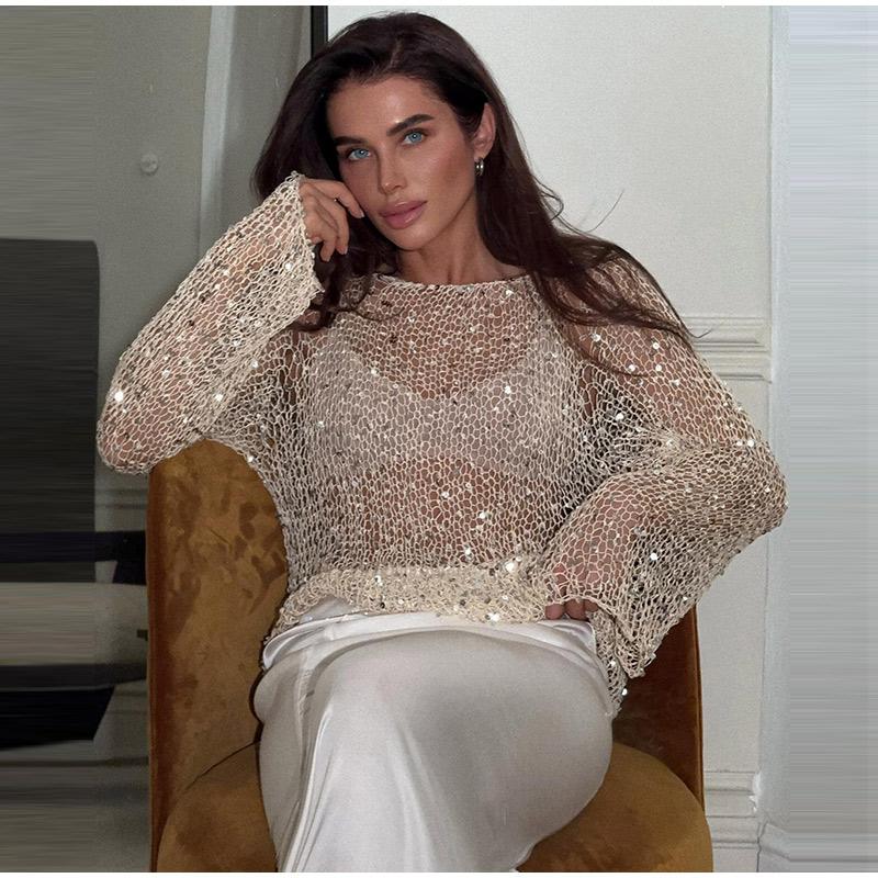 Elegant Women's Sequins Hollow Out Pullover Loose Knit O-neck Long Sleeve Female Sweater 2025 Spring Summer Lady Sexy Glitter Pullovers