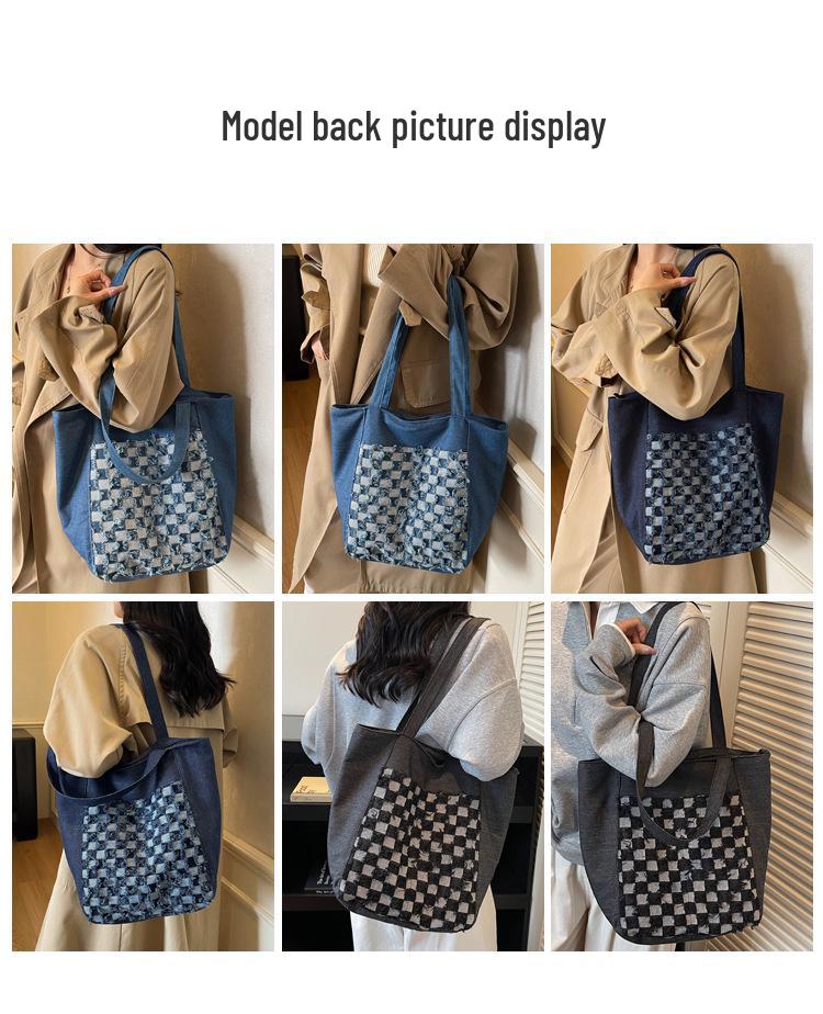 Зима 2025 Клетчатая Сумка из Вареного Денима с Вышивкой - Большая Вместительная Сумка через Плечо