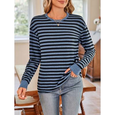 Женская блузка осенняя полосатая с круглым вырезом и длинными рукавами свободный топ