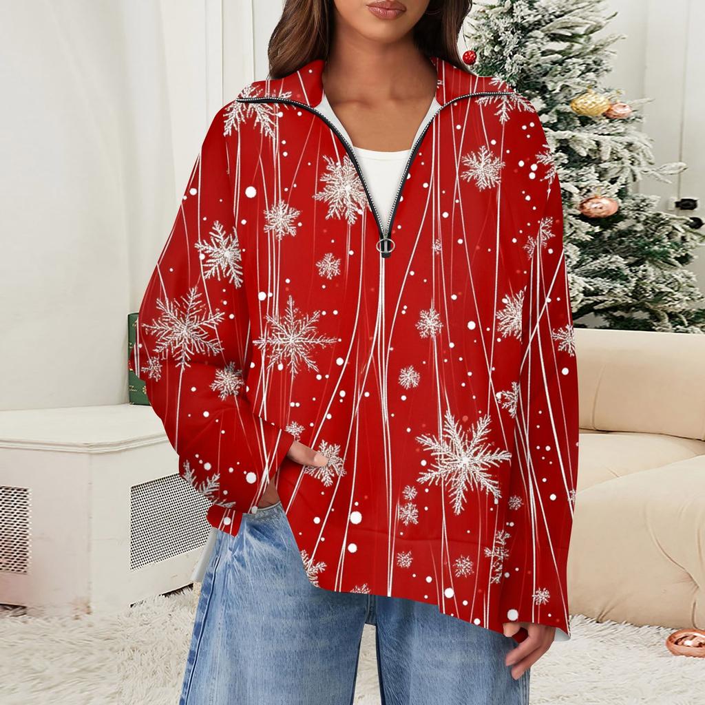 Женский повседневный свитер с полумолнией и лацканами со снежинками и разрезом сверху по бокам, модная одежда