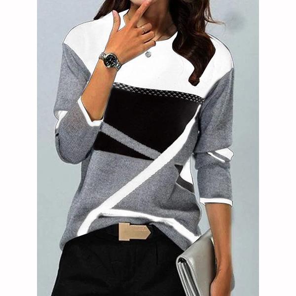 Women Winter Blouses T Shirt Geometric Contrast Long Full Sleeve Print Loose Women Shirts Spring Autumn Elegant