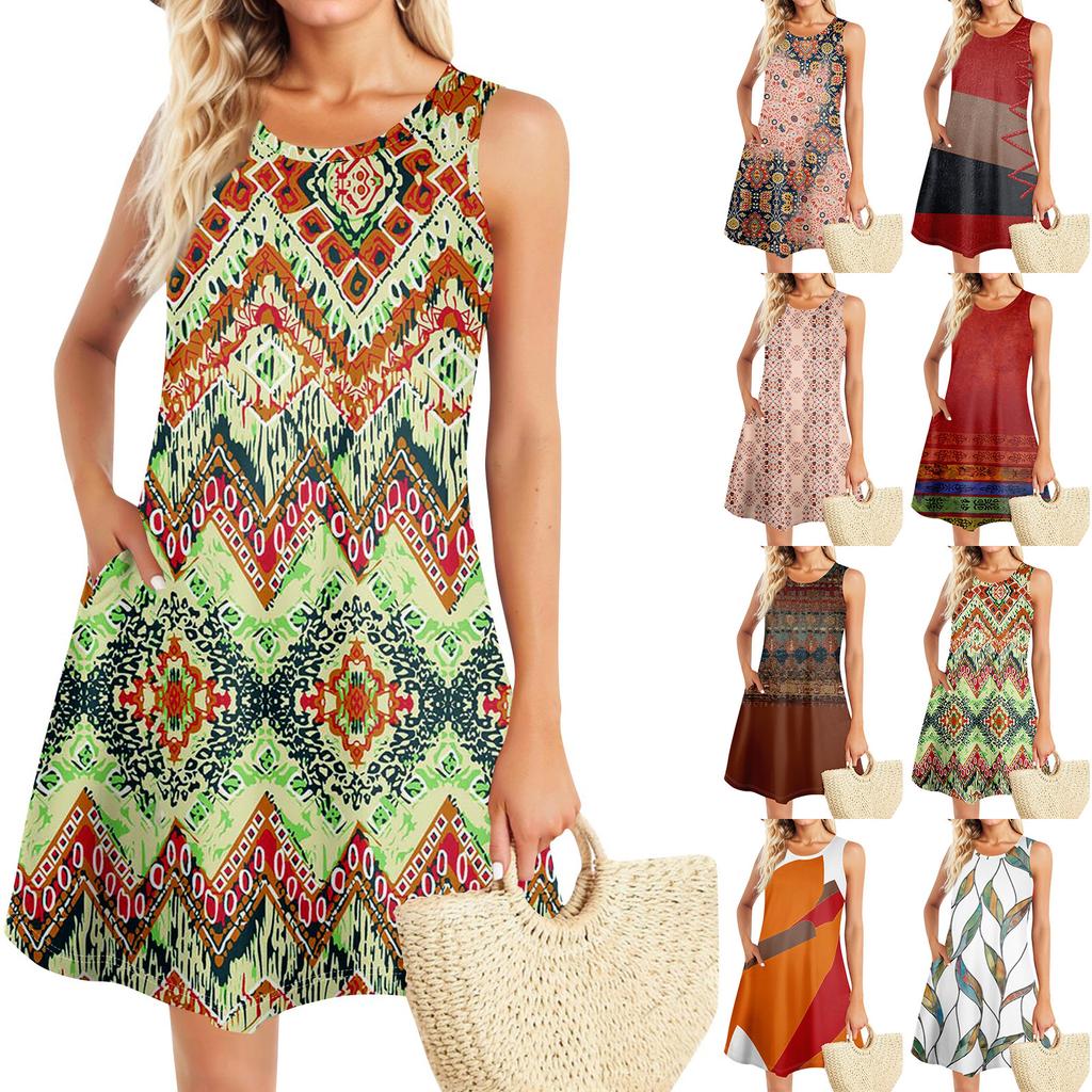 Summer Dresses For Women Beach Boho Sleeveless Vintage Printing Flowy Pocket Tshirt Tank Sundresses