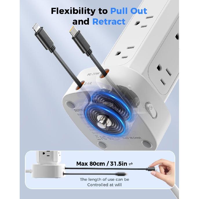 [2025 Upgraded] Power Strip Tower with Retractable Charging Cable, SUPERONE Surge Protector Tower with PD20W USB C and 12 AC Outlets, Flat Plug 6 FT