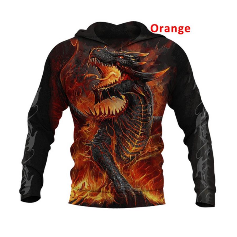 2021 Autumn and Winter Men's Fashion Casual Sweatshirt 3D Printing Dragon Hoodie Fire Dragon Skull Cap Pocket Pullover Sweater XS-5XL