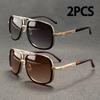 2PCS Fashion Big Frame Sunglasses Men Square Metal Sun Glasses Women Retro Sun Glasses Vintage High Quality