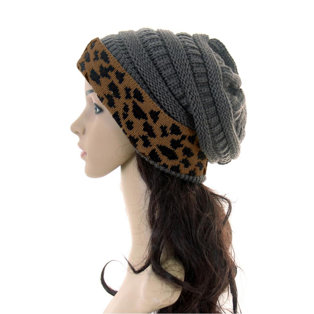 Womens Unisex Knit Winter Thick Leopard Fleece Lined Warm Hats
