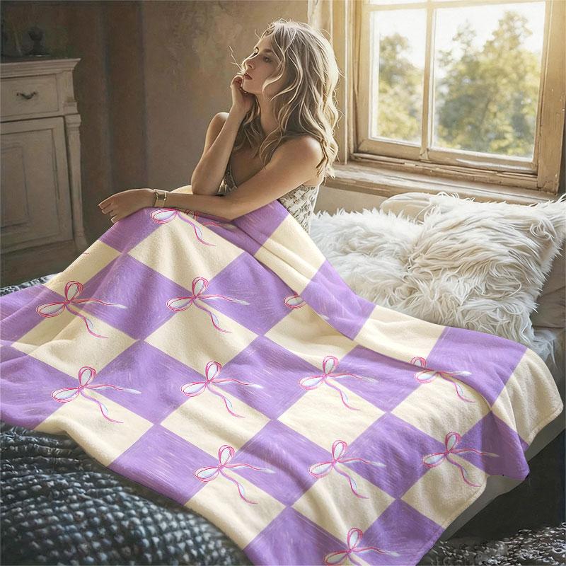 Bow Checkerboard Flannel Blanket Warm Soft Halloween Christmas Decorative Couch Warm Cozy All-Season Gift