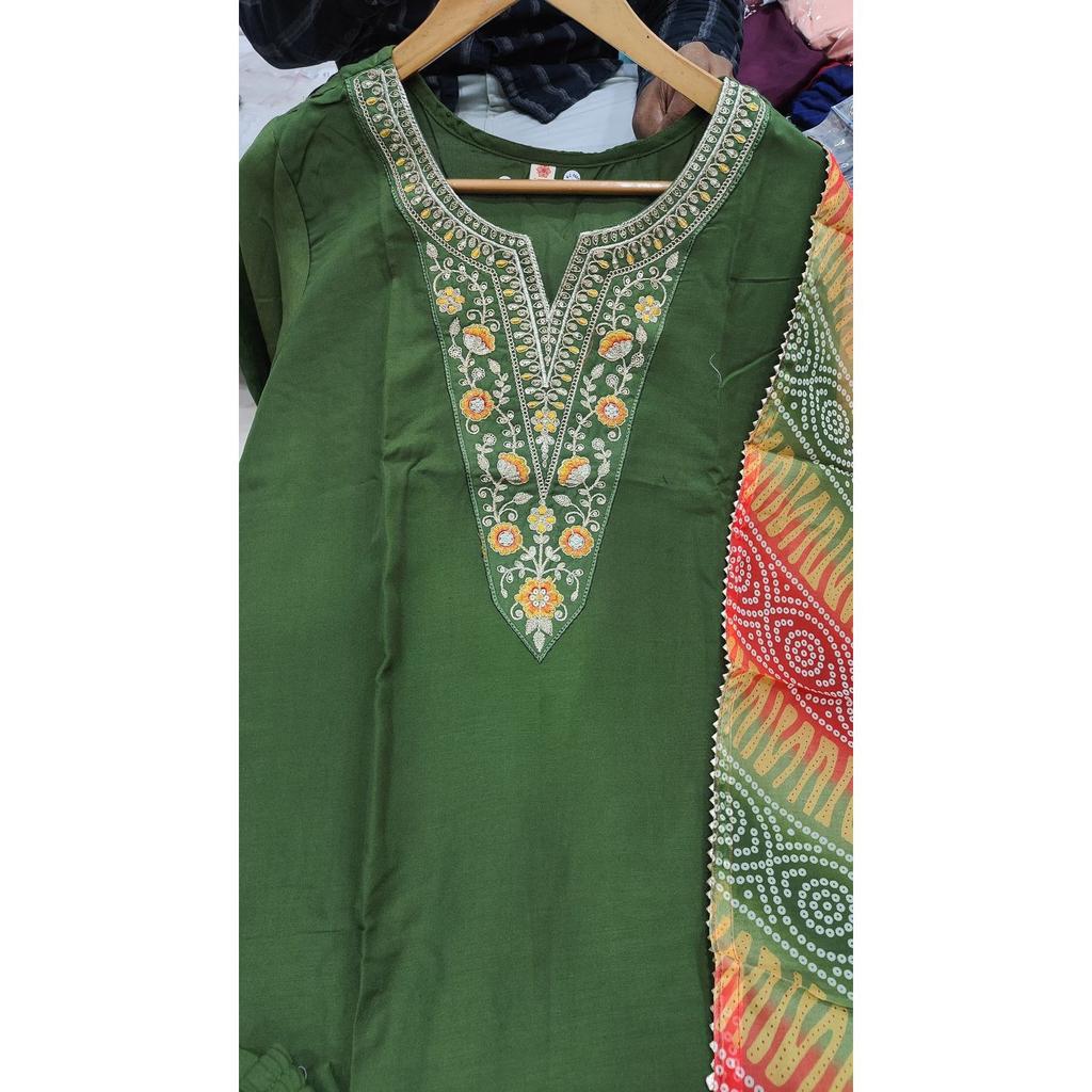 Women's Rayon Embroidered Straight Kurta with Pant And Dupatta Sets