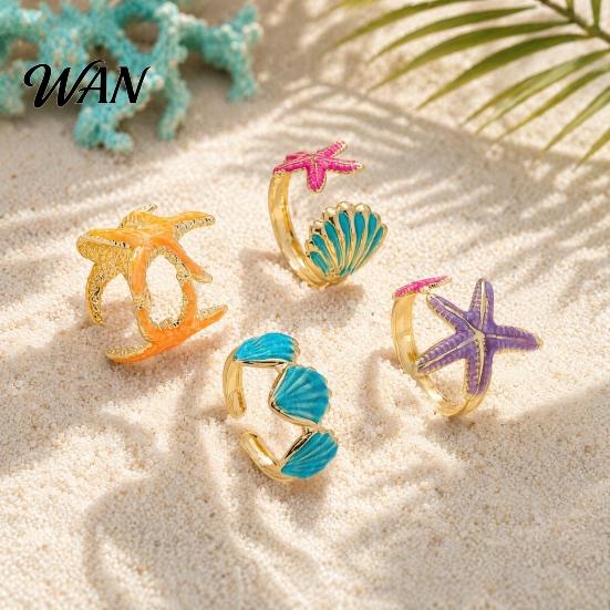 Layered Ring Set 4Pcs/Set Ocean Series Set, Multiple Styles Starfish Shell Design Versatile Finger Ring, Alloy Adjustable Stacking Rings for