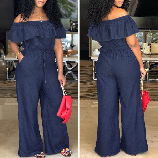 Летние женские комбинезоны с открытыми плечами, однотонные комбинезоны с широкими штанинами и оборками