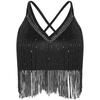 Womens Salsa Dance Top Latin Performance Wear V Neck Sleeveless Crop Top Crisscross Back Fringe Detail