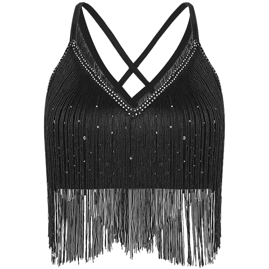Womens Salsa Dance Top Latin Performance Wear V Neck Sleeveless Crop Top Crisscross Back Fringe Detail