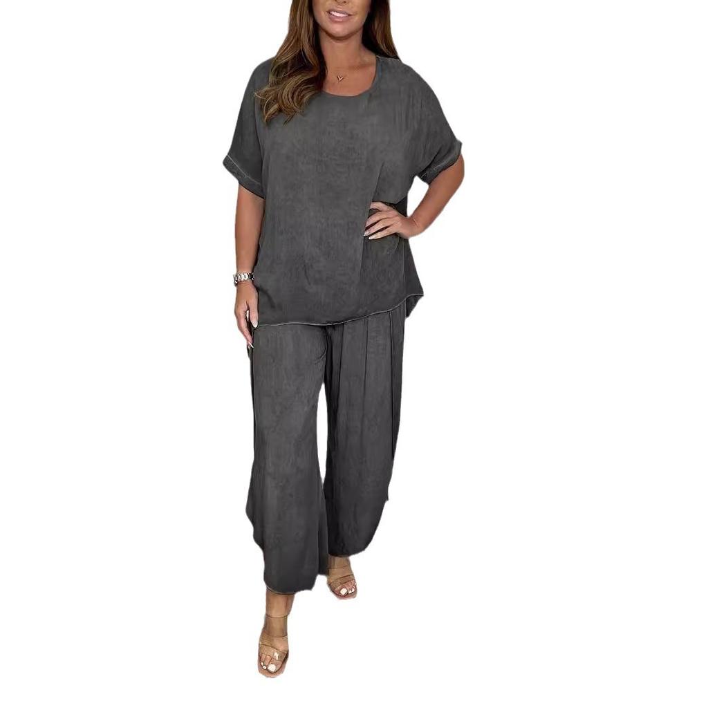 GMXIA Летний женский костюм, модный однотонный, с коротким рукавом и круглым вырезом, свободный повседневный костюм, женские костюмы и комплекты