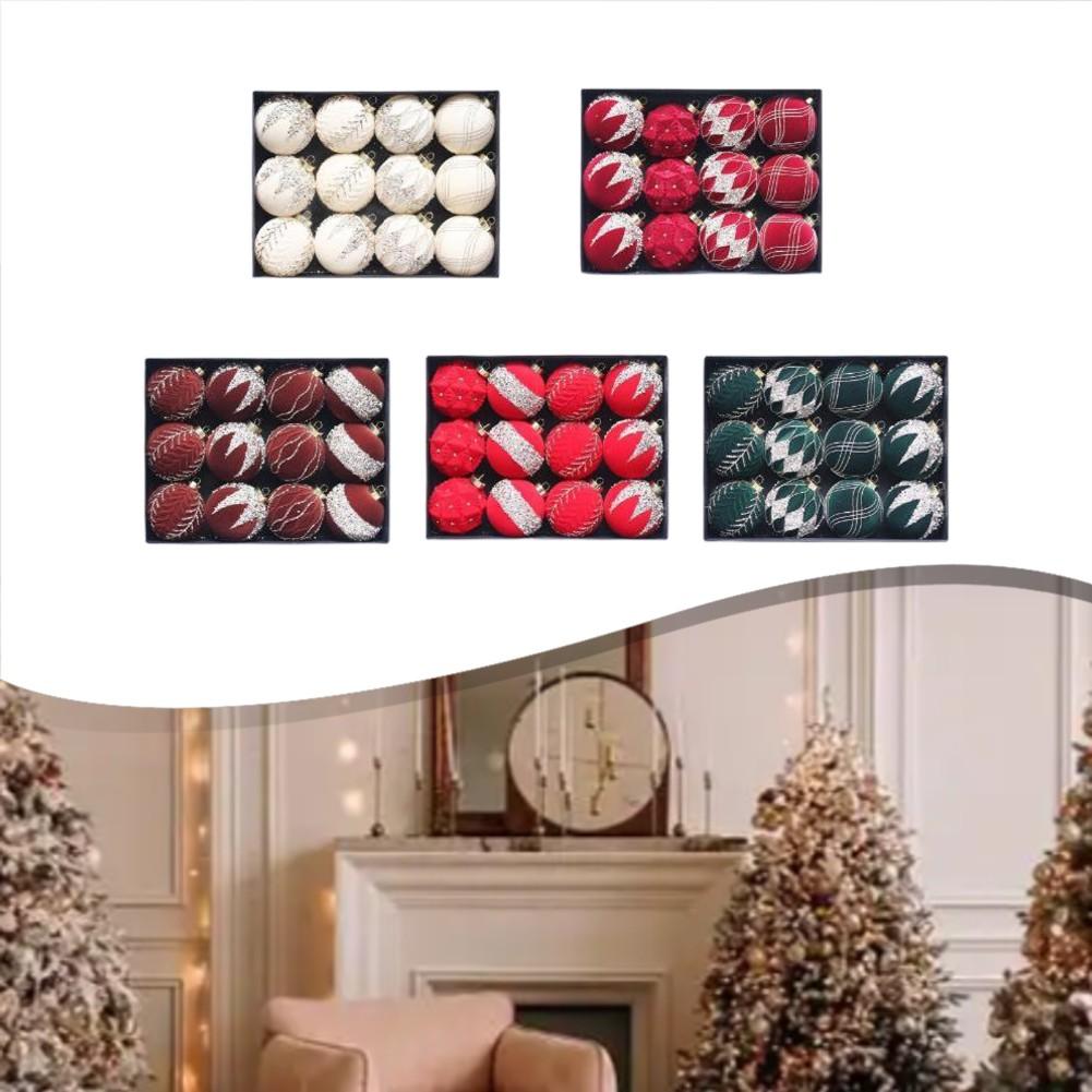 Набор из 12 пластиковых елочных шаров диаметром 8 см с глиттерным флокированным покрытием для праздничной елки и витрины