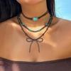 Delicate Bowknot Necklace Turquoise Beaded Choker Sophisticated Bowtie Pendant Clavicle Chain Wedding Accessory