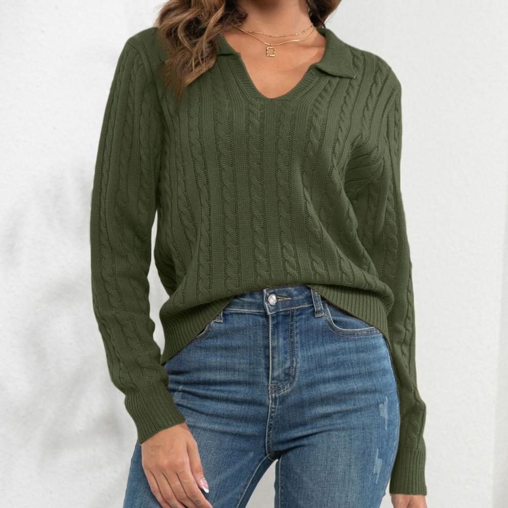 IHUASU Women's POLO Neck Twist Sweater Women's Pullover Loose Autumn and Winter Long Sleeve Knitwear