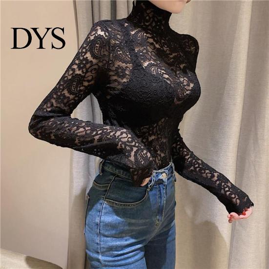 Tops Turtleneck Long Sleeves Perspective Thin Bottoming Top Blouse Women Embroidery Floral Crochet Lace Hollow