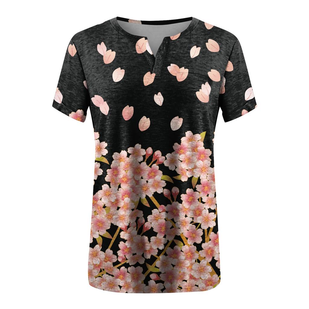 Women's Large T-shirt Summer Casual Print V-neck Short Sleeve Pocket Top