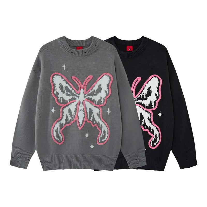 Womens Butterfly Jacquard Sweater Loose Street Style Round Neck Long Sleeve Fall Winter