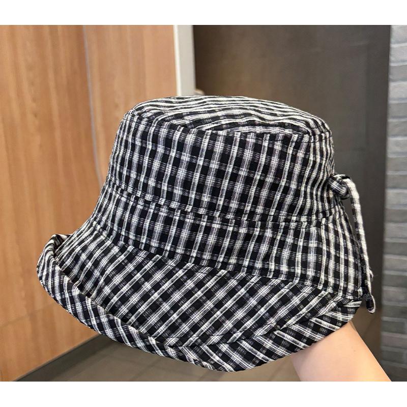 Women's Plaid Bowknot Sunshade Fisherman Hat Spring Summer Outdoor Versatile Foldable Bucket Hat for Sunshine Protection