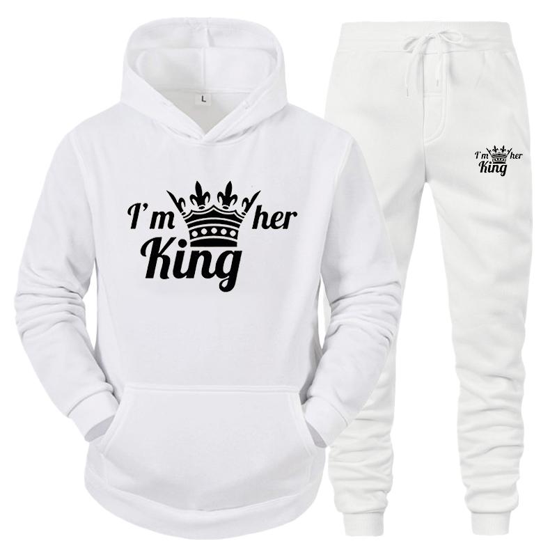 Спортивный костюм для влюбленных, толстовки с принтом QUEEN KING, толстовка для пар, одежда больших размеров с капюшоном, женские толстовки, комплект из двух предметов
