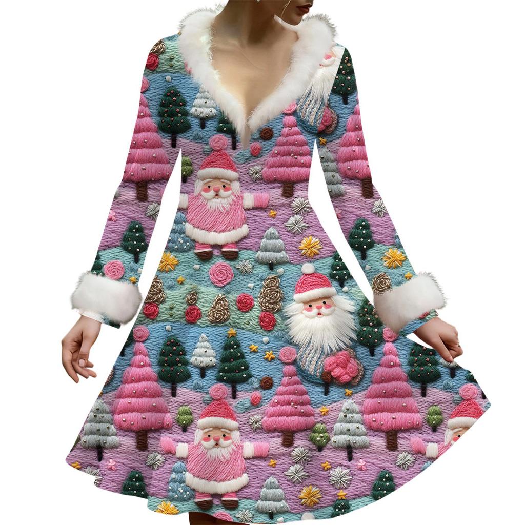 Женское повседневное платье с V-образным вырезом, рождественским принтом, плюшевыми длинными рукавами