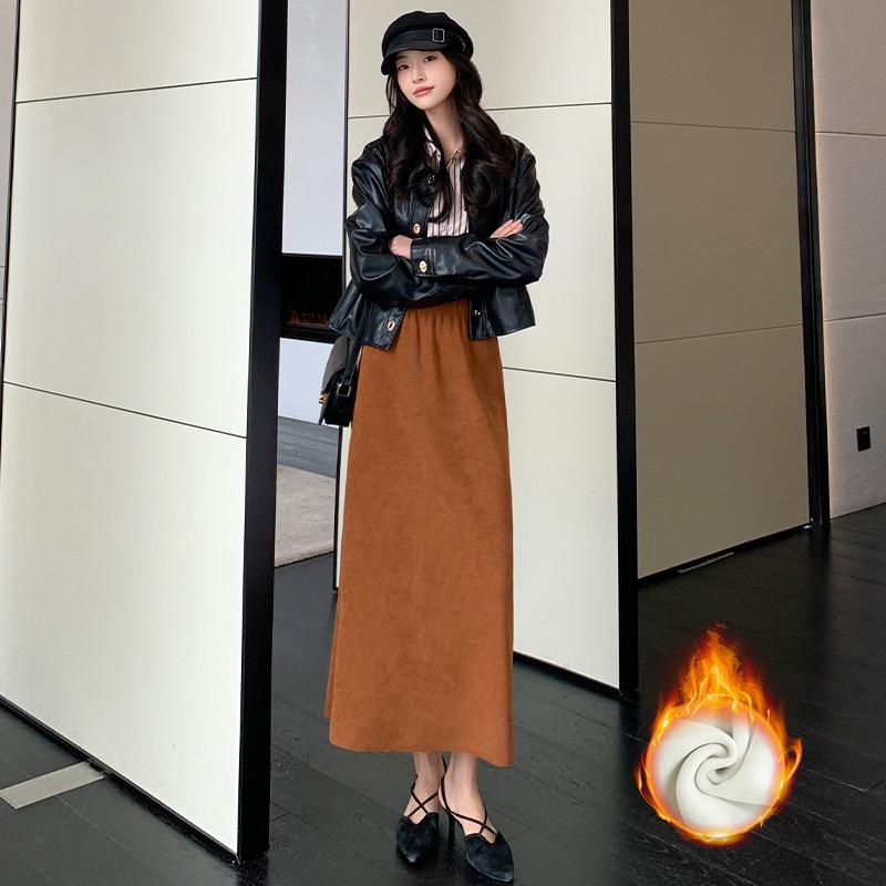 Maillard High Waist Wool Skirt for Women - Plus Size Autumn/Winter Slimming, High-End Design, Long Slit.