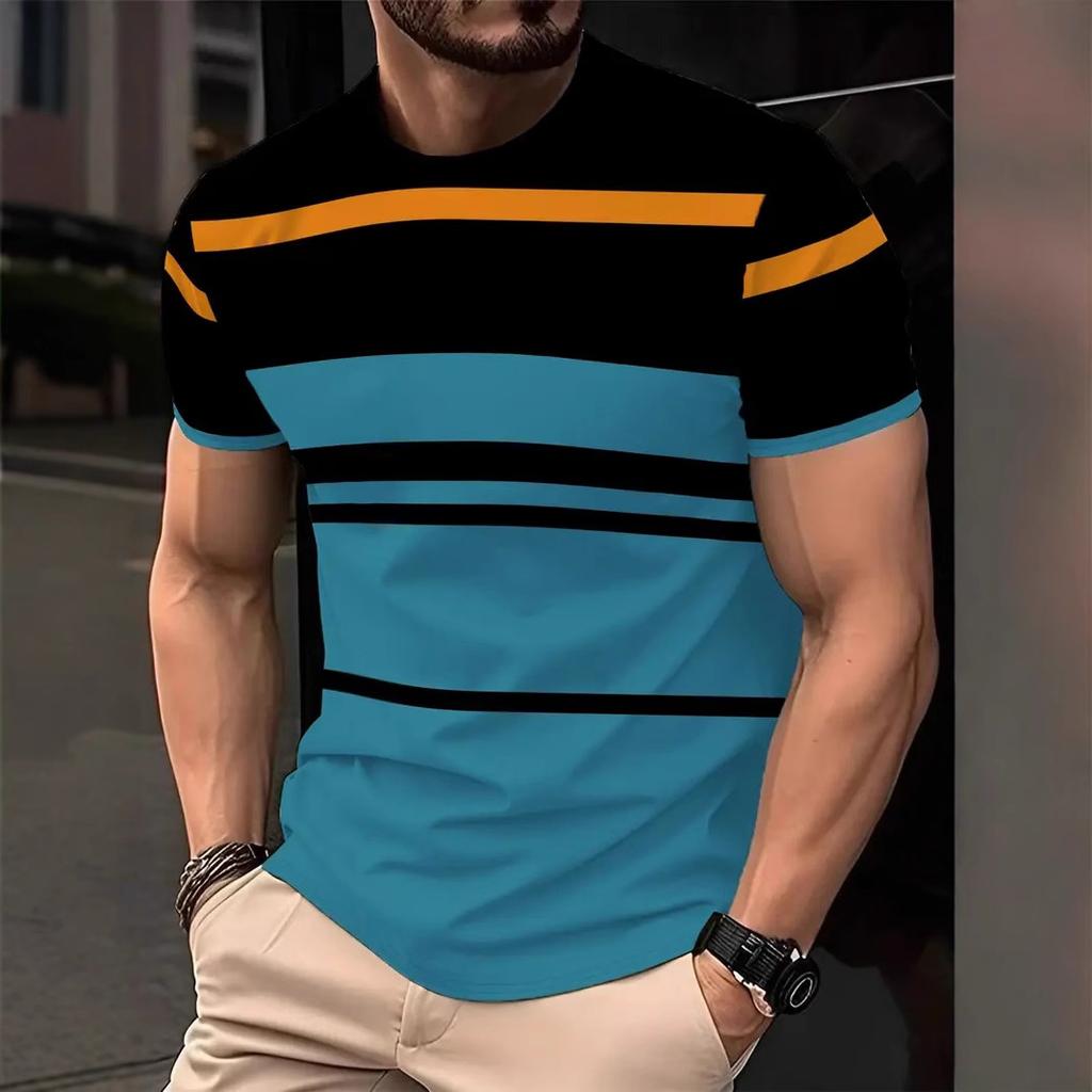Summer Round Neck Color - Block Striped 3D Print Top Fashionable Casual Short Sleeved Men's T-shirts