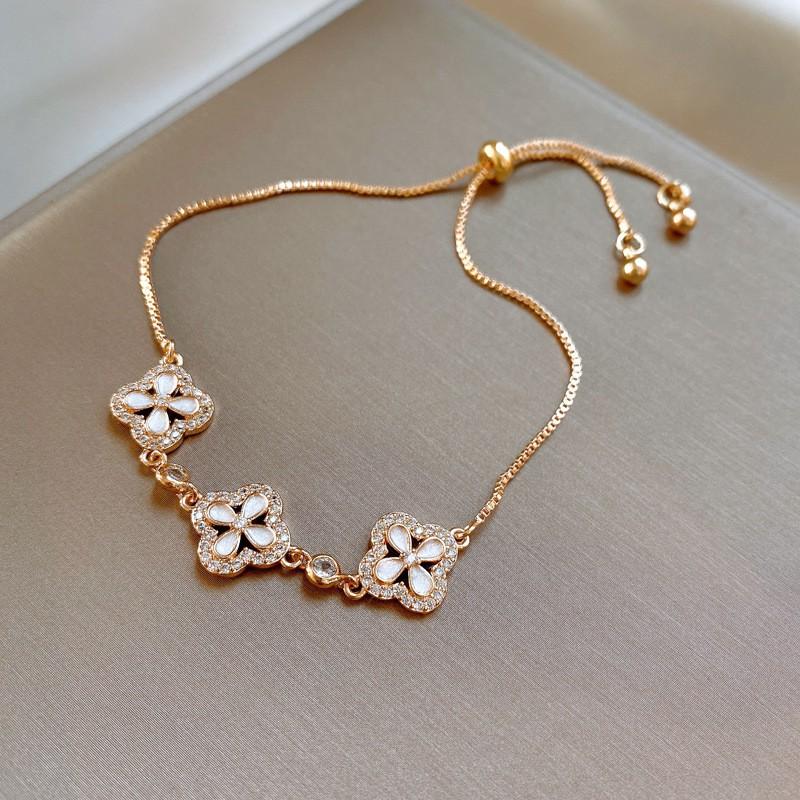 Elegant Gold Plated Zircon Rhombus Flower Bracelet Women Adjustable Minimalist Luxury Daily Wear