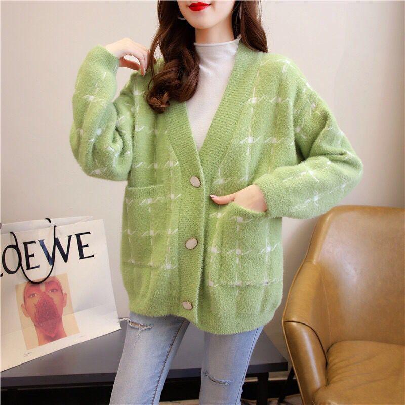 Women's Imitation Mink Cardigan Jacket Autumn and Winter Loose V-neck Button Bottoming Shirt Top for Women