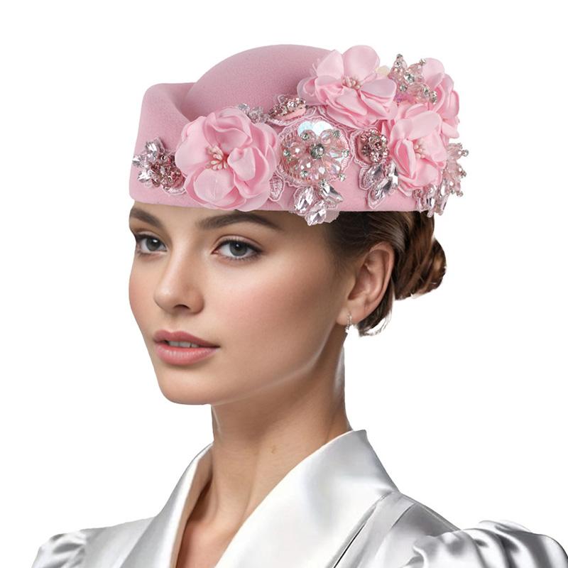 1PC Turban Hat Church Stewardess Hat Party Beanie Cap With Flower Beret Caps Vintage Felt Soft Airline Women