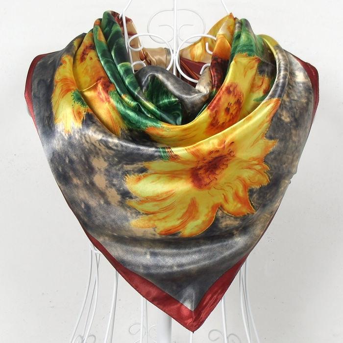 2015 Square Polyester Silk Scarf New Sunflower Pattern 90*90cm Ladies' Satin Sqaure Scarves Printed New Style Women Headscarf