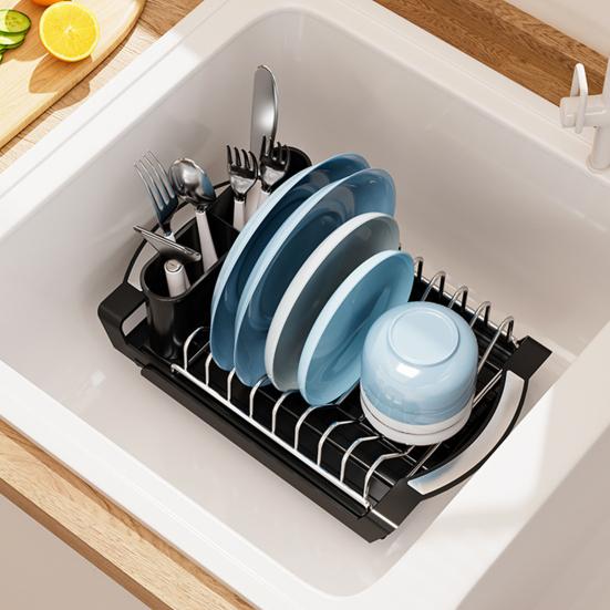Dish Drying Rack with Cutlery Holder Large Capacity Strong Load-bearing Countertop Extendable Dish Rack with Drain Board