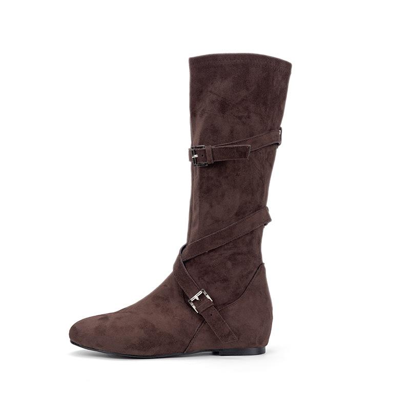 Новые ботфорты с внутренней высотой 5 см, корейский модный дизайн с пряжками, ботильоны на среднем каблуке, тонкие сапоги