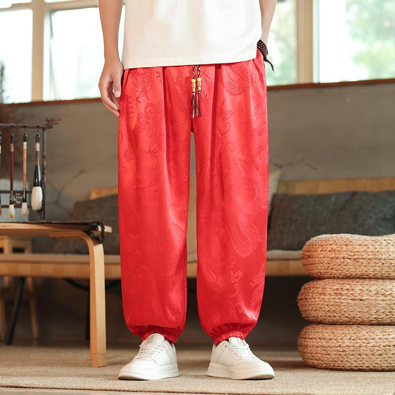 Outdoor Pants Men Lce Silk Dragon Dark Flower Loose Bloomers Wide Leg Casual Trousers Male