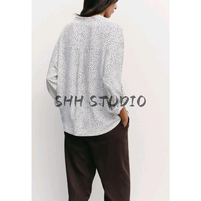 Autumn New Product Women Clothes Casual Style Button Decoration V-neck Can Be Rolled Up Sleeve Polka Dot Long Sleeve Shirts 8038903