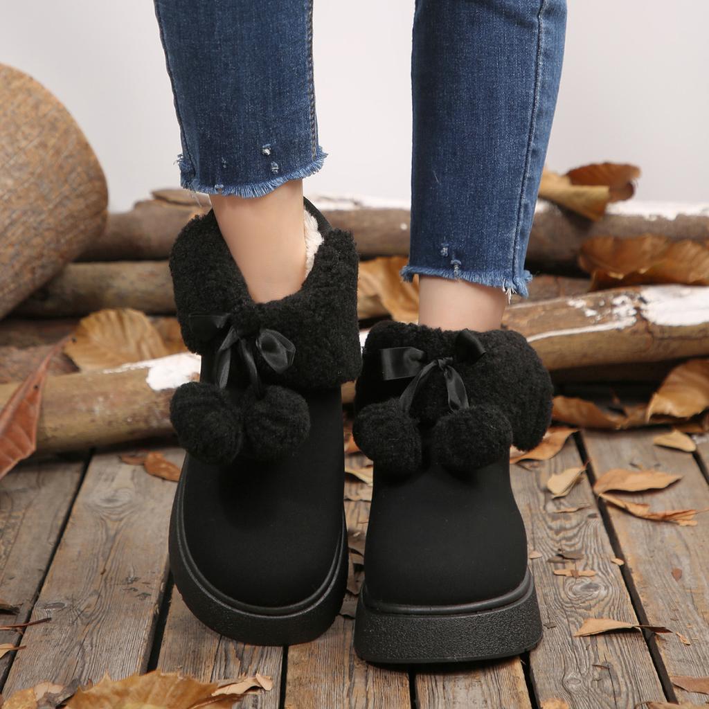 Fashion Soft Thick Bottom Furry Snow Boots Women 2025 Winter Chunky Platform Fluffy Fur Ankle Boots Cute Plush Ball Bowknot Cotton Shoes