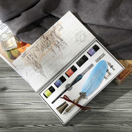 Glass Dip Signature Fountain Pen Faux Crystal Feather Design Writing Decor Set
