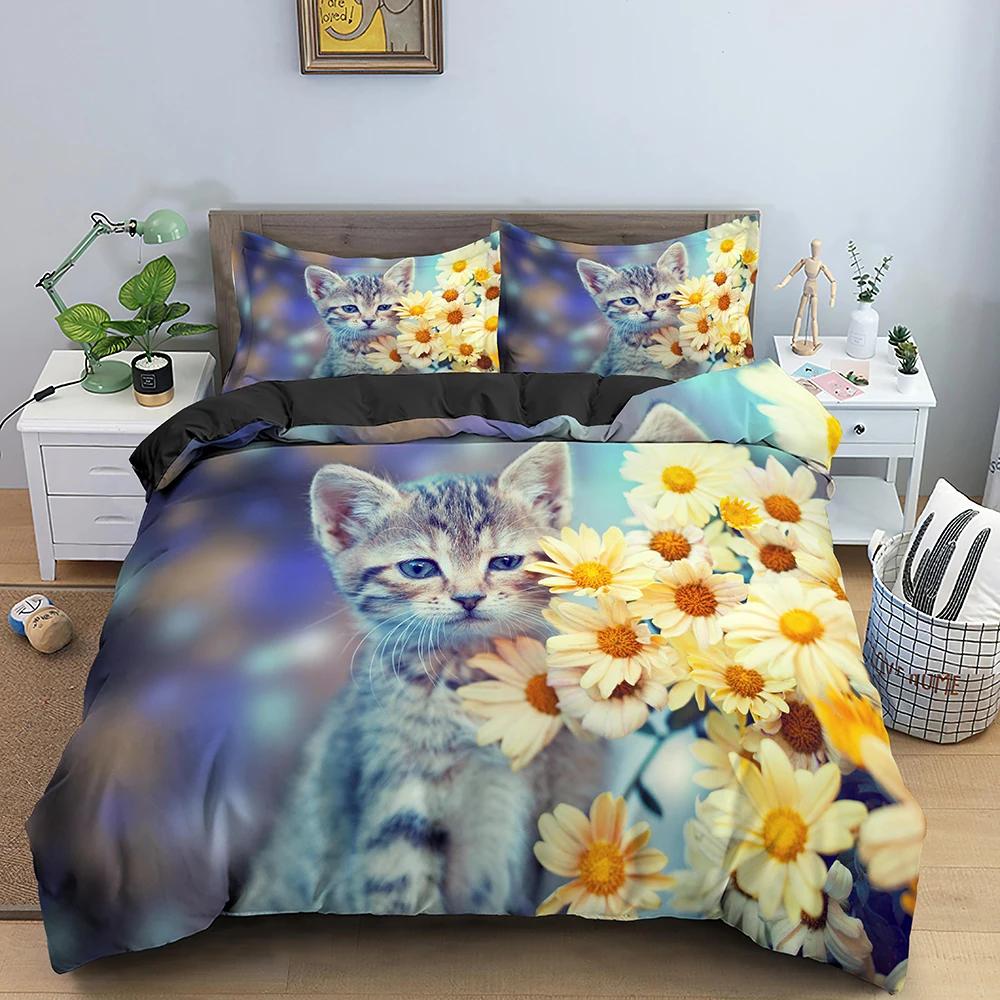 Комплект постельного белья с 3D-образным рисунком животных, комплект постельного белья с милым рисунком кота, полиэстеровое одеяло, односпальное, размер King Twin, домашний текстиль, котенок
