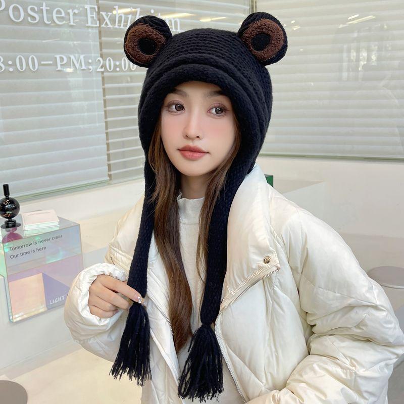 Шапка-лягушка, женская вязаная шапка, зимняя теплая, с кисточками, зимняя защита ушей, носок, зеленая шерстяная шапка