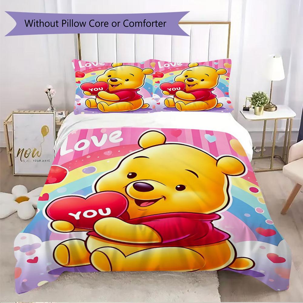 3pcs cartoon duvet cover set (1 duvet cover + 2 pillowcases, duvet insert not included), cute Winnie the Pooh print bedding set.