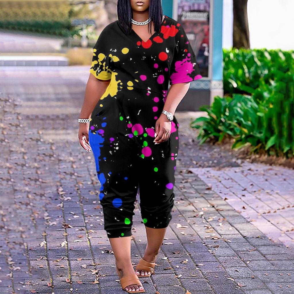 Женские повседневные комбинезоны на молнии с V-образным вырезом и короткими рукавами больших размеров с карманами, широкие длинные комбинезоны