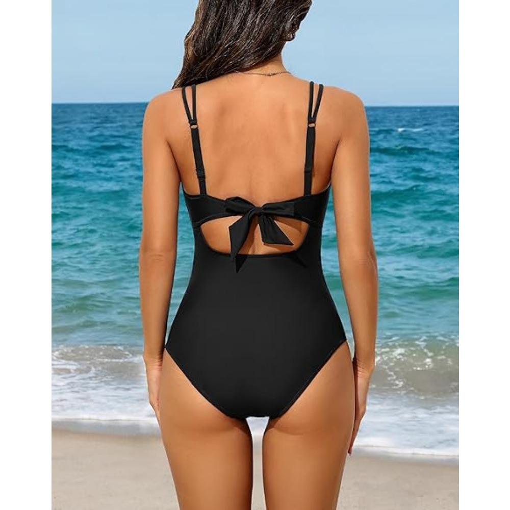 CHARMLEAKS Scallop Trim Maternity Swimsuit One Piece V Neck Pregnancy Bathing Suit Ruched Swimwear Cutout Tie Back