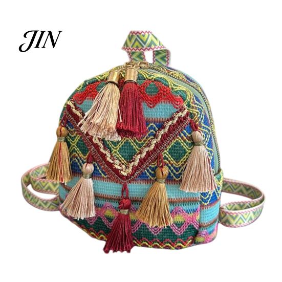 Shoulder Pressure Relief Bag Ethnic Jacquard Backpack, Colorful Small Backpack with Tassels, Geometric Tassel Decoration Straps, Boho Crossbody Purse