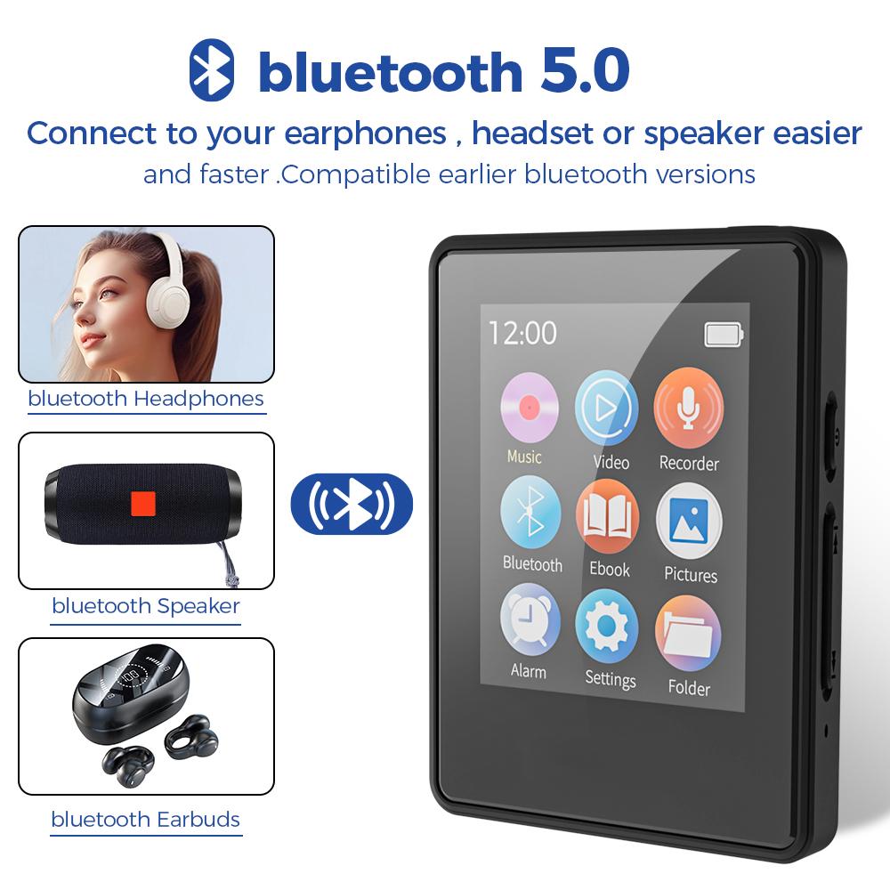Портативный MP3-плеер 1,77 дюйма Bluetooth 5.0 Музыкальный стереодинамик Мини MP4 Воспроизведение видео Со светодиодным экраном Запись Для Walkman