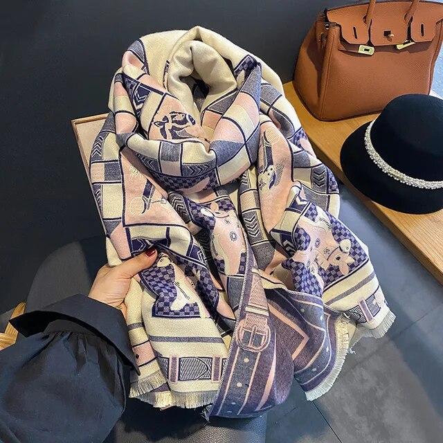 Толстый теплый зимний шарф, роскошный дизайн, принт лошади, женский кашемировый шаль из пашмины, женские шарфы с запахом, женский платок, одеяло, пончо