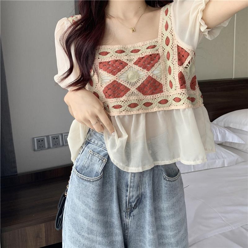 Рубашка с короткими рукавами и квадратным вырезом в стиле ретро, женская, свободного покроя, Sense Niche, летняя, свободного покроя, повседневная, удобная, в стиле Slim Fit, пуловеры, футболки