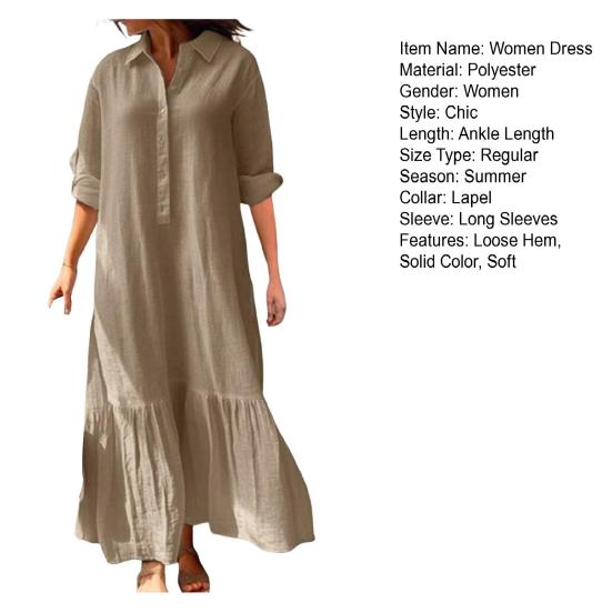 Летнее Весеннее Женское Платье Лацкан Длинный Рукав Рюши Пэчворк Плиссированное Свободное А-силуэт