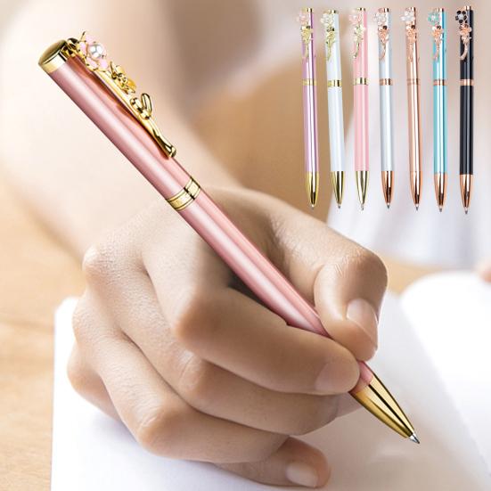 Metal Ballpoint Pen Polished Retractable Smooth Writing Stationery Cute Faux Pearl Peach Blossom Clip Writing Pen School Supplies